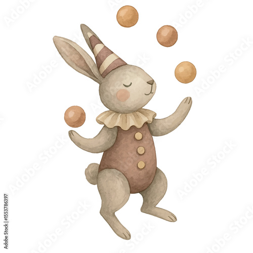 Vector freehand children's watercolor illustration of a circus juggling hare. Hand drawn watercolour bunny. Design of fabrics, wrapping paper, and postcards
