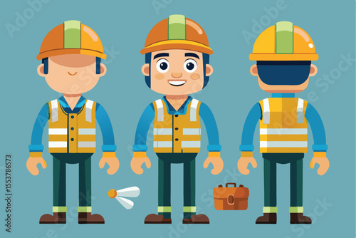Construction worker in safety gear with helmet and vest showcasing multiple angles