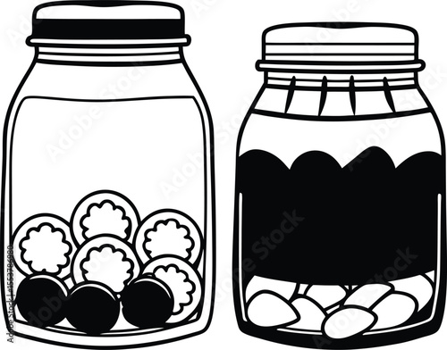 A vector illustration of isolated glass jars with red jam and lids,  appetizing, natural, colorful, syrup, break fast