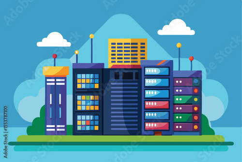 Data center concept featuring colorful flat vector design illustrating servers and buildings in a simplistic and modern representation
