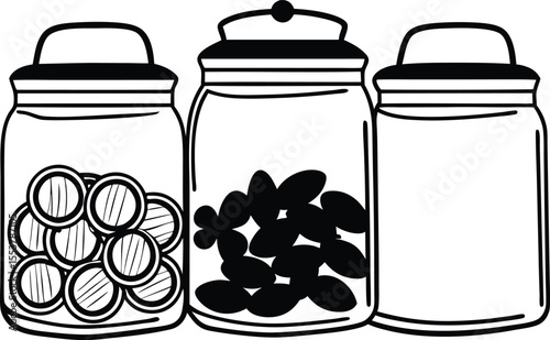 A set of glass jars with sweet red fruit jam and vegetables isolated on white, canned, storage, raw food, sweet fruit, farm, harvest