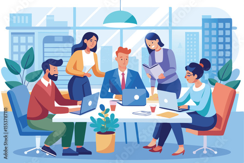 Group of five office workers collaborating and engaging in a meeting during the day at a modern workspace with large windows and city views