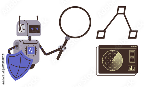 AI robot inspecting data with magnifying glass, shield, network diagram, and digital radar. Ideal for technology, cybersecurity, AI, data analysis protection research innovation. Simple flat