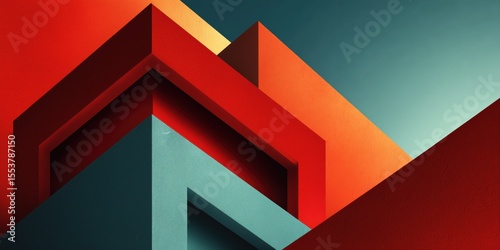 Minimalist 3D Render of Red, Orange, and Teal Geometric Shapes Stacked in a Futuristic Abstract Composition

