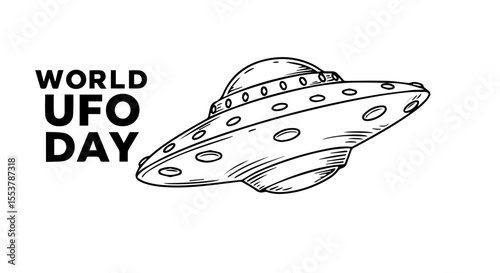 Classic UFO spaceship illustration for World UFO Day. Detailed drawing of flying saucer with portholes and rivets.  Spacecraft design perfect for posters and banners celebrating World UFO Day.