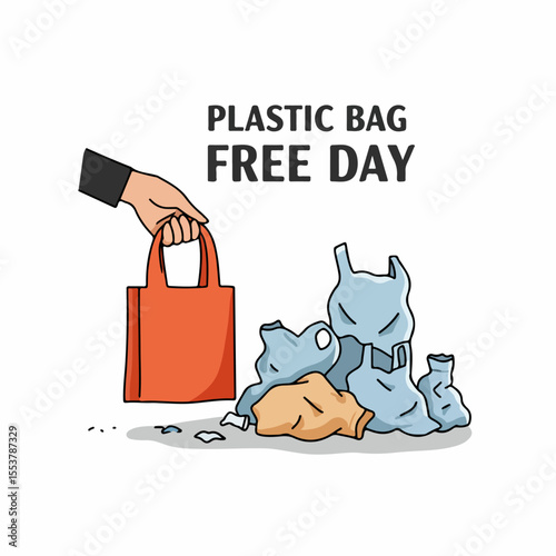 Hand holding reusable shopping bag near pile of plastic bags.  Eco friendly tote bag replaces disposable plastic bags.  Image promotes Plastic Bag Free Day awareness campaign for sustainable living.