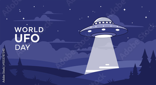 UFO sighting over nighttime landscape. Flying saucer illuminates hills with bright beam of light.  Mysterious scene with spaceship hovering above dark forest.
