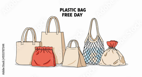 Reusable shopping bags collection for Plastic Bag Free Day. Eco-friendly tote bags, string bags, and cotton sacks shown for Plastic Bag Free Day campaign.