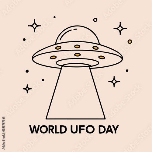Simple UFO line art illustration. Classic flying saucer design with beam of light. Spacecraft graphic with stars for World UFO Day social media post or greeting card.