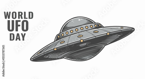 Classic flying saucer illustration perfect for World UFO Day posters. Gray spaceship design with detailed texture and vintage style.