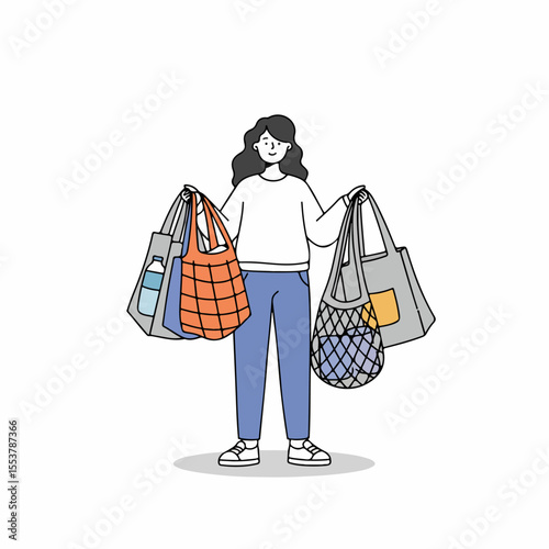 Woman holding reusable shopping bags. Illustration shows person carrying various eco-friendly bags: tote bags, mesh bag, and folded shopping bag.