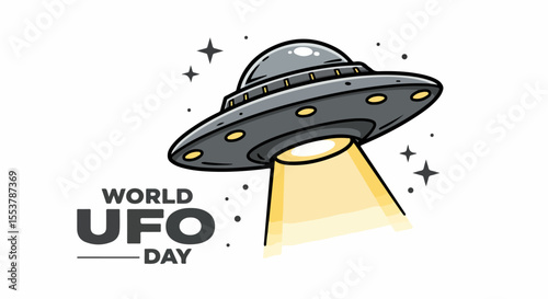 Classic UFO illustration with bright light beam.  Spaceship design with detailed round body and glowing lights.