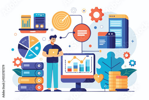 Visualization of big data concepts in modern digital environment with analytics tools and figures illustrating growth and information trends