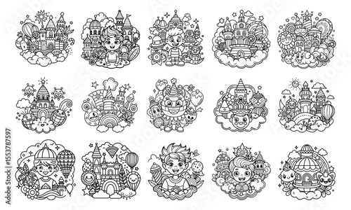 Whimsical Wonders Coloring Page for Kids, Detailed Line Art Design Perfect for Relaxation and Stress Relief, Ideal for Kid Coloring Books or Printable Art Therapy Activities, High-Quality Illustration