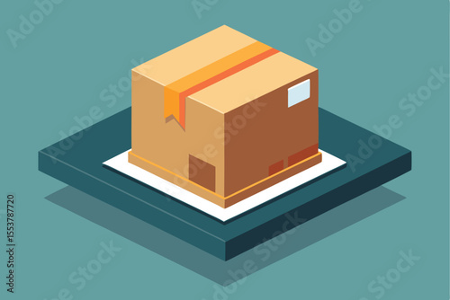 Clean and minimalist package box displayed on a geometric base with tape ready for shipping in an organized workspace