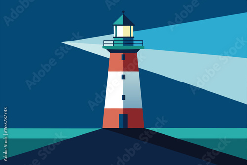 Minimalist lighthouse with clean geometric lines and a radiant beam guiding boats through calm waters at dusk