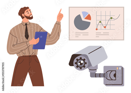 Man pointing at data chart with graphs and pie charts while holding a clipboard. Close-up of security camera. Ideal for analytics, monitoring, security, technology, business, data insights, simple