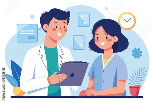 Young female doctor in medical uniform consults with a patient in a modern clinic setting during the day while reviewing health information on a tablet