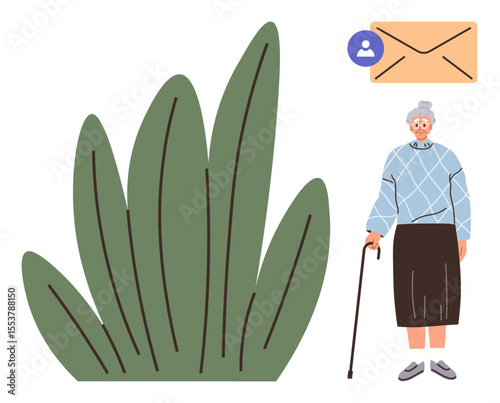 Elderly woman with walking cane standing near green plant and envelope with notification icon. Ideal for aging, communication, email, nature, social connection, accessibility, care. Simple flat