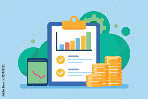 Chart on clipboard with financial data alongside graphical representation and stacks of coins in a professional setting