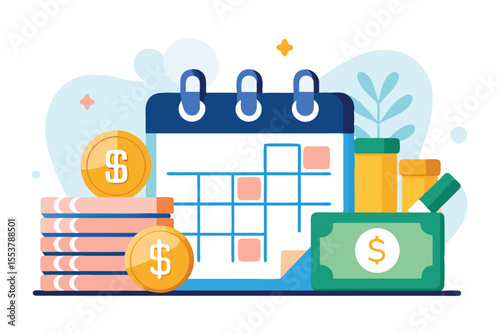 Budget planning with calendar, coins, and cash for effective payment date reminders and financial management strategies