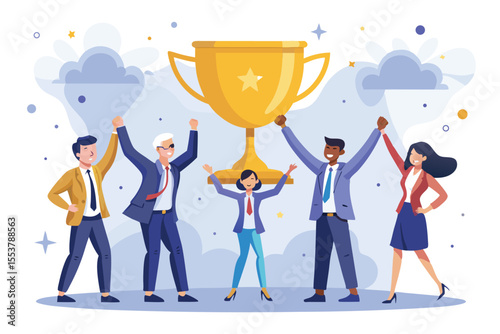 Business team celebrating success with trophy in a corporate setting during a bright afternoon in a flat vector illustration