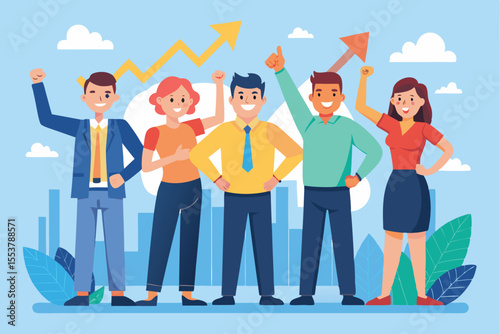 Team of six colleagues celebrating success with a rising line graph in a vibrant office setting during the day