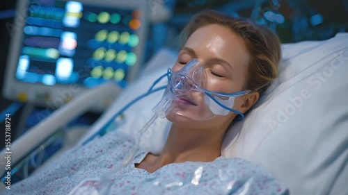 Female patient’s serene face beneath a clear oxygen mask, monitors beep rhythmically nearby, IV drip gently feeding medication. The scene radiates quiet resilience and medical vigi