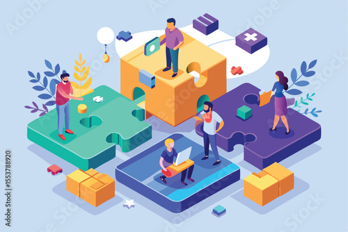 Teamwork concept displayed with colorful puzzle pieces and diverse individuals collaborating in an imaginative workspace environment
