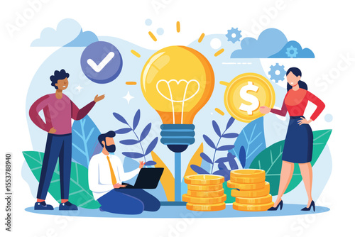 Innovative crowdfunding concept with entrepreneurs discussing investment opportunities next to a glowing light bulb and financial symbols in a vibrant setting