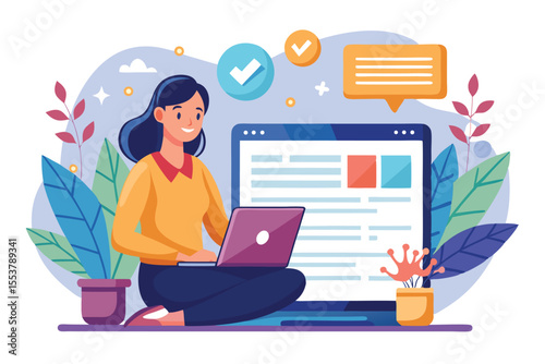 Woman engaged in blogging with laptop displaying content, surrounded by plants in a cozy indoor setting during daytime