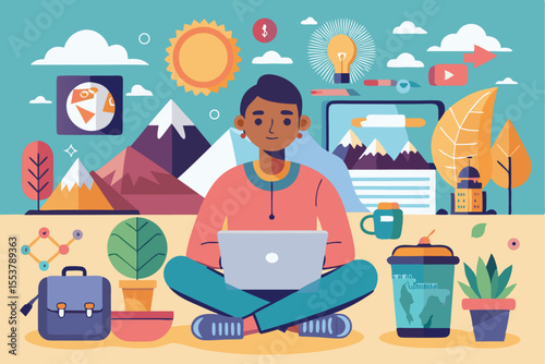 Digital nomad enjoying a productive day while working on a laptop in a vibrant outdoor setting surrounded by nature and creative elements