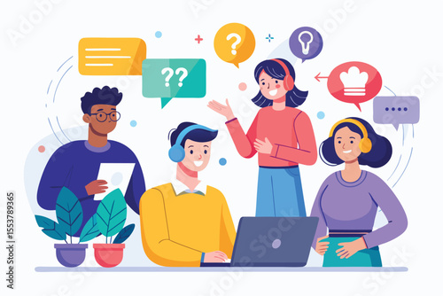 Customer support illustration featuring diverse characters engaged in problem-solving and assistance in a friendly, interactive environment