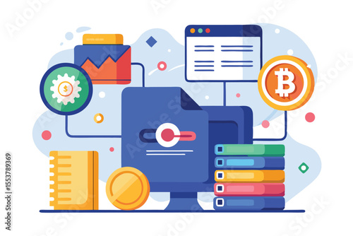 Concept of bitcoin data management and document storage with graphic elements illustrating digital transactions and information processing