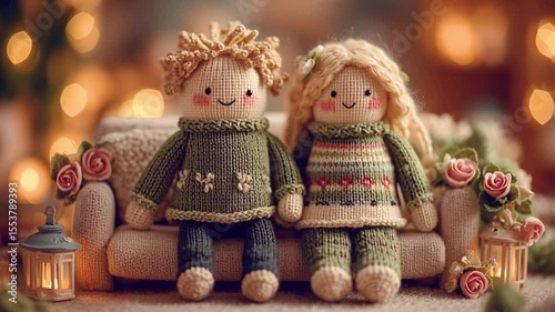 the generated looped video. Cute dolls in a happy mood	