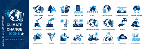 climate change icon set including global warming, extinction of species, greenhouse effect, natural disaster like wildfire, earthquake, flood, drought, ocean pollution, deforestation, earth pollution