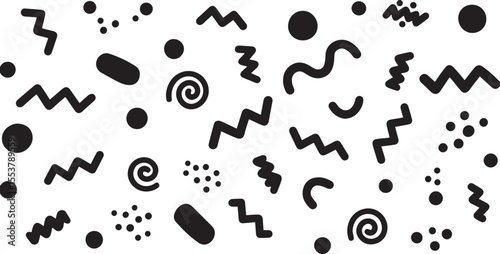 Playful Background with a Variety of Geometric Shapes and Doodle Elements in Black and White for Creative Projects