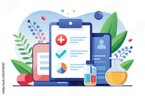 Digital prescription illustration showing online medical consultation tools, including a clipboard, tablets, and medication vials set against a backdrop of greenery