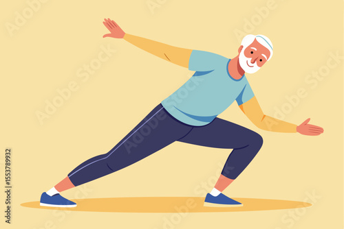 Elderly man practicing a stretching routine at home for improved flexibility and wellness during the morning