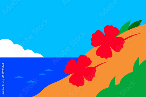 blue sea and red hibiscus on beachside cliff