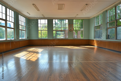 Sunlit Gymnasium Interior with Large Windows and Wooden Floor De