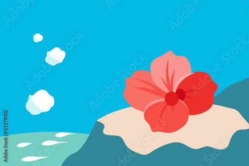  sea foam and bright hibiscus  petals on rocky shore