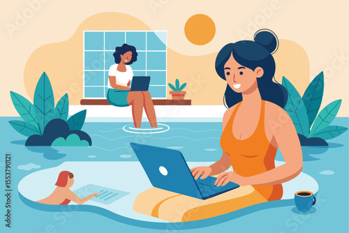 Woman uses laptop while relaxing in a pool with a picturesque backdrop and another person working nearby during a sunny day