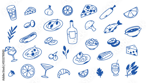 Collection of hand drawn food and drink items in blue ink on white background