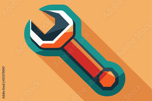 Simple wrench design with a flat geometric head suitable for mechanical applications and engineering tasks, showcasing vibrant colors and bold shapes