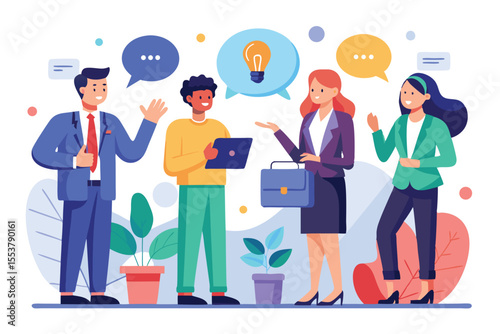 Engaging group discussion on innovative ideas and collaboration among diverse professionals in a bright office environment