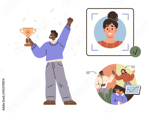 Trophy-winning individual celebrating achievement, profile recognition with checkmark, and team celebrating success together. Ideal for teamwork, leadership, motivation, achievement, recognition