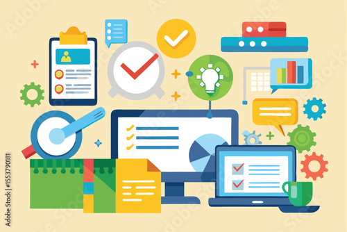 Project management tools illustrated in a vibrant vector style showcasing efficiency and organization in workflow management