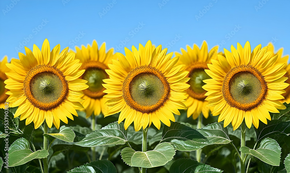 Obraz premium Vibrant sunflowers in full bloom against a clear blue sky, showc