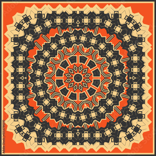 Black and beige complex ethnic mandala on orange background. Design for bandana, plaid, neckerchief or other. Vector illustration